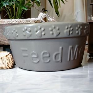 2XHP😀 Vtg 2018 Feed Me Heavy Stoneware Signature Housewares Inc Pet Bowl Paw
